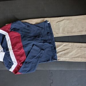 Janie and Jack Navy Rugby Top with Burgundy & Cream Stripe and Tan Corduroy Pant